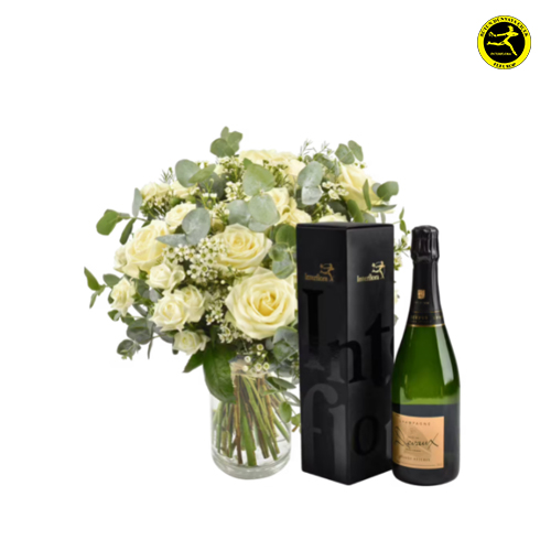 bouquet de fleurs et champagne